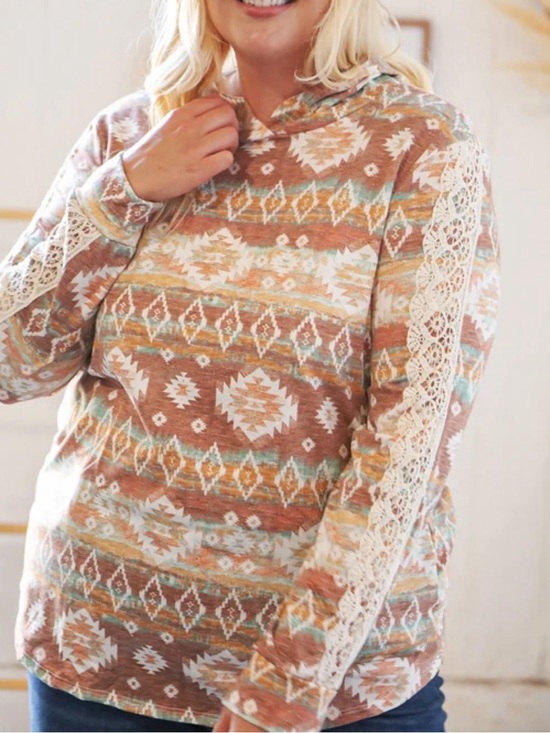 Haptics Tops - Haptics Aztec Pullover Long Sleeve Lightweight Hoodie with lace details